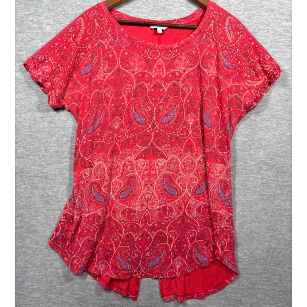 Lucky Brand 1X Shirt‎ Red Paisley Womens Top Tunic Split Back Hem